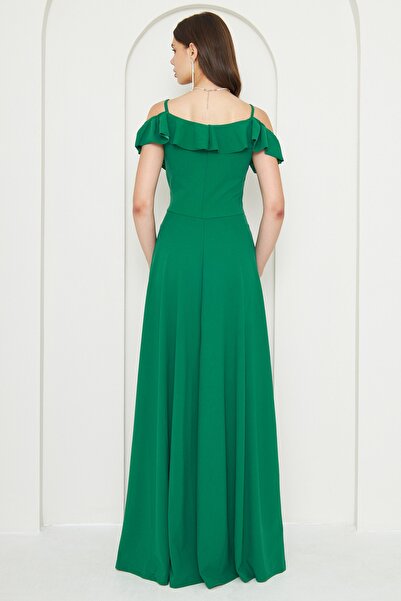 barış sülün lovebox Flexibilní krepová tkanina Tenká ramínka Volný límec Detailní rozpark Dlouhé zelené večerní šaty 582190