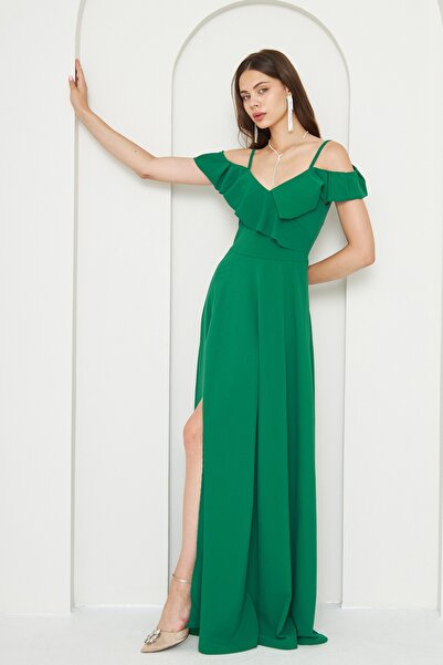 barış sülün lovebox Flexibilní krepová tkanina Tenká ramínka Volný límec Detailní rozpark Dlouhé zelené večerní šaty 582190