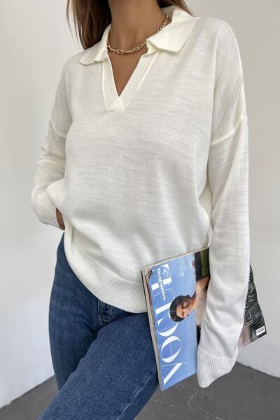 LE CARAMBOLE Women's Ecru Polo Neck Oversize Long Sleeve Knitwear Sweater