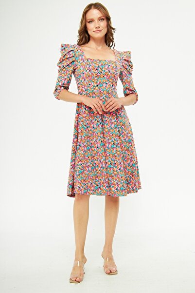 vuvutasarım New Season Women's Crepe Fabric Short Sleeve Midi Length Square Collar Evening Dress Homecoming Dress 080