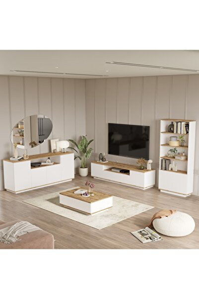 L'occi Concept Delphin Kapaklı Tv Ünitesi Orta Sehpa Konsol Kitaplık 4'Lü Set Çam-Beyaz DLP19-AW