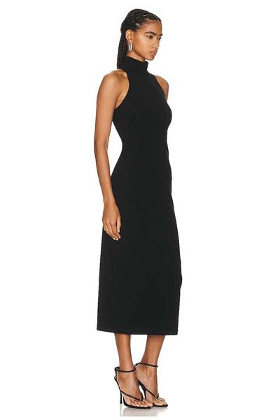 Zagrep Women's Black Back Slit Half Turtleneck Silk Jersey Midi Dress