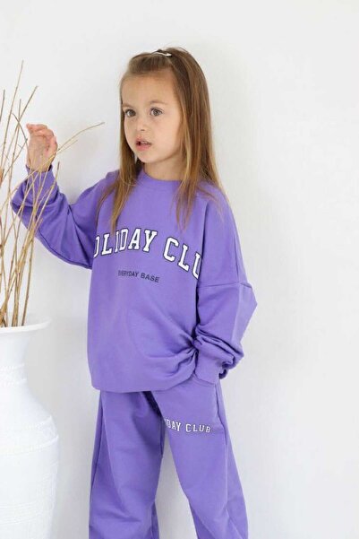 Unisex Lila 2 Iplik Likralı Baskılı Detaylı Alt Üst Mevsimlik Eşofman Çocuk Takımı