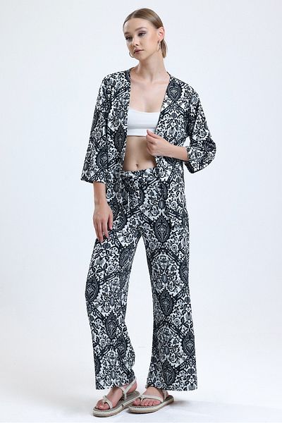 MD trend Women's Black Floral Patterned Wide Leg Trousers Kimono Set