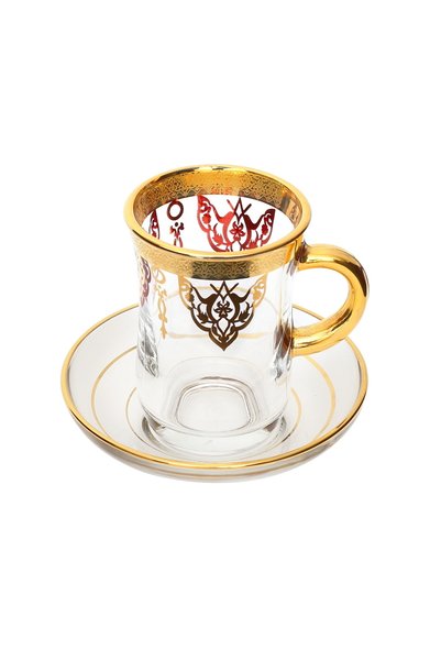 Paşabahçe Altın Yaldızlı Çay Bardağı (KULPLU) 1 Kişilik, Keyif Boy, 12 Ayar Altın,