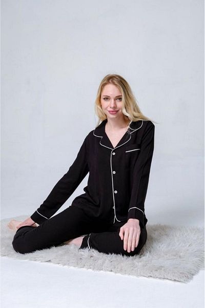 somon Set de pijamale cu mâneci lungi, alb-negru, din bumbac, cu nasturi