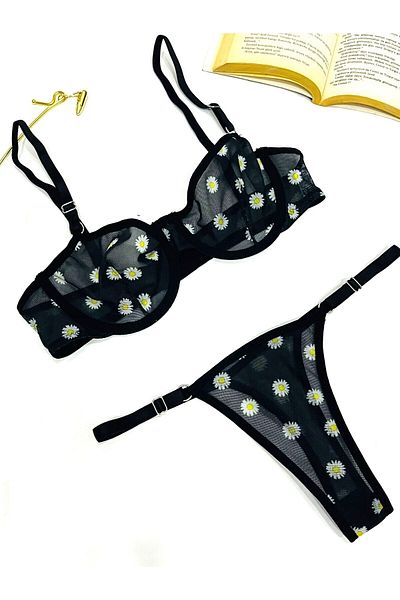 mendoza store Set sutien tanga din tul cu broderie florală cu margarete negre