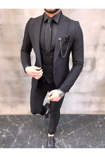 Fearless Erkek Siyah Slimfit Yelekli Takım Elbise