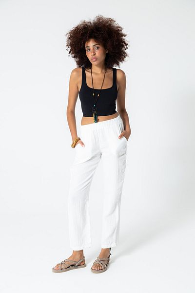 RUBYSTARS White Muslin Comfortable Cut Elastic Bohemian Trousers