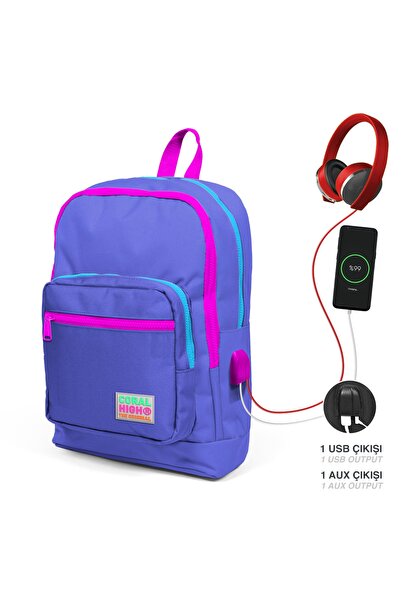 Coral High Kids Lavanta Dört Bölmeli USB Şarjlı Kulaklık Çıkışlı Okul Sırt Ça...
