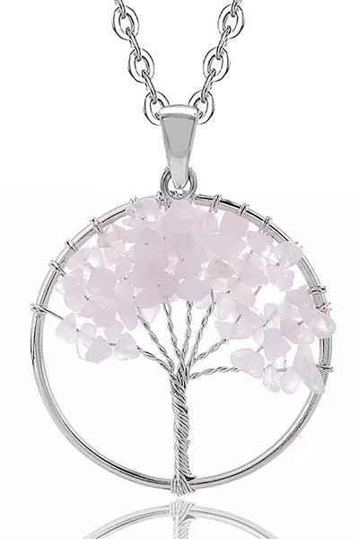 Tesbih Atölyesi Certified Pink Quartz Stone Tree of Life Necklace