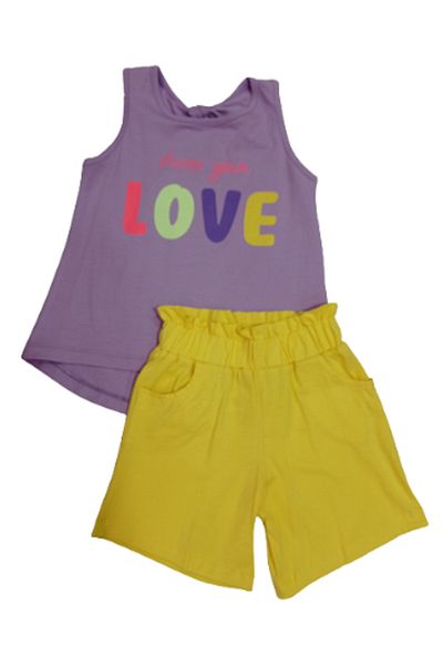 Nazar Bebe GIRL 7-10 YEARS OLD LOVE FIGURED STRAPED SUPREME 2-PIECE SHORTS SET YELLOW