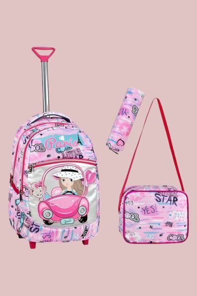 Uniquerrs Σετ 3 τεμαχίων σχολικής τσάντας με ροζ σχέδιο αυτοκινήτου, ράμπα, θ...