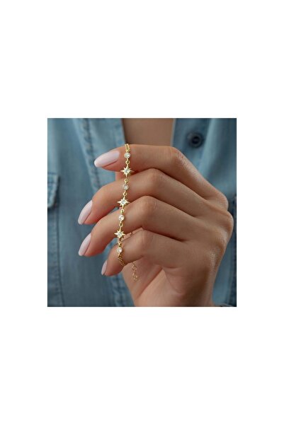 Şimal Silver 925 Ayar Gold Yıldız Zirkon Taşlı Gümüş Bileklik