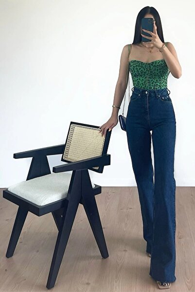 byhaziran butik بنطلون ألباتروس أزرق داكن من الليكرا عالي الخصر فضفاض من الجي...