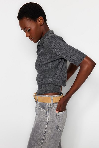Trendyol Collection Anthracite Crop Basic Knitwear and T-Shirt Set