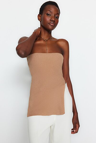 Trendyol Collection Strapless Premium Knitwear Thin Blouse - Slit Detail, Camel TWOAW24BZ00131