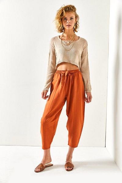 Olalook Damen-Shalwar-Hose aus Leinen mit Zwiebelmuster und Taschennähen, PNT-19000234
