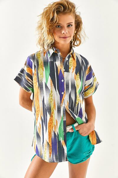 Olalook Women's Wave Yellow Bat Linen Blended Shirt GML-19001121