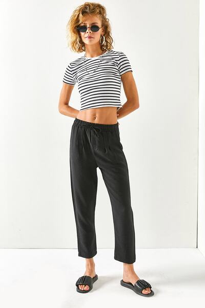 Olalook Γυναικείο μαύρο ελαστικό λινό παντελόνι με 4 τσέπες στη μέση PNT-19000240