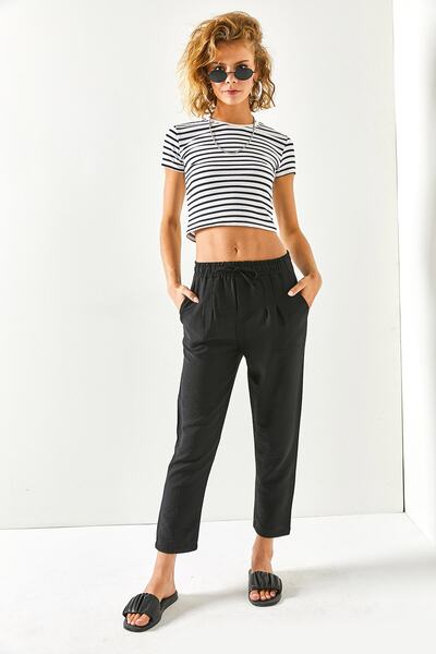 Olalook Γυναικείο μαύρο ελαστικό λινό παντελόνι με 4 τσέπες στη μέση PNT-19000240