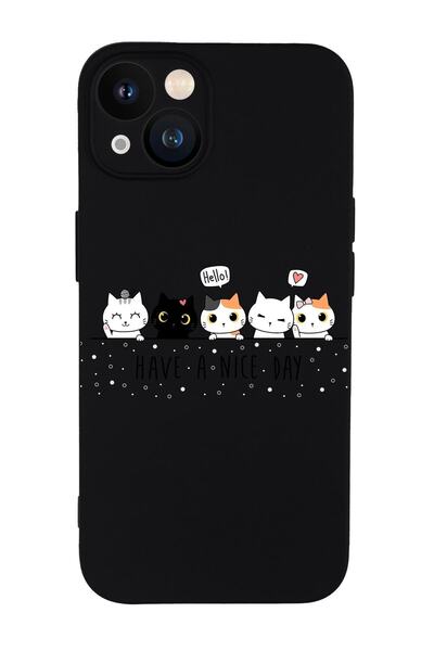 mooodcase Iphone 13 Uyumlu Şirin Kedicikler Desenli Kamera Lens Korumalı Darbe Emici Silikonlu Lansman Kılıf