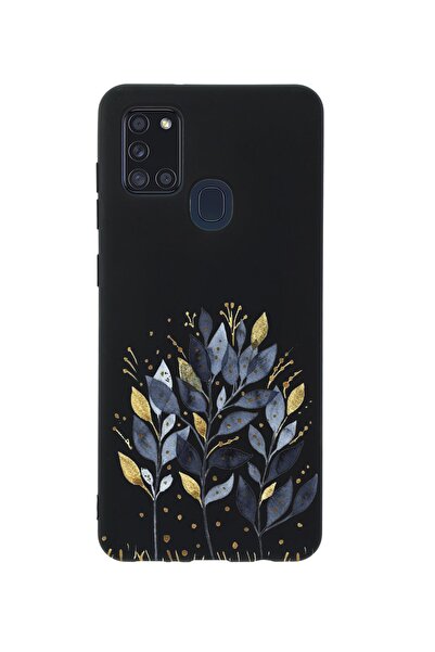 mooodcase Uyumlu Samsung A21s Mavi Yaprak Desenli Premium Silikonlu Siyah Telefon Kılıfı