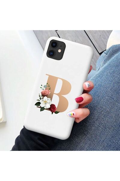 mooodcase Iphone 11 Beyaz Lansman Kılıf Gold Renkli Çiçekli B Harfli Desenli