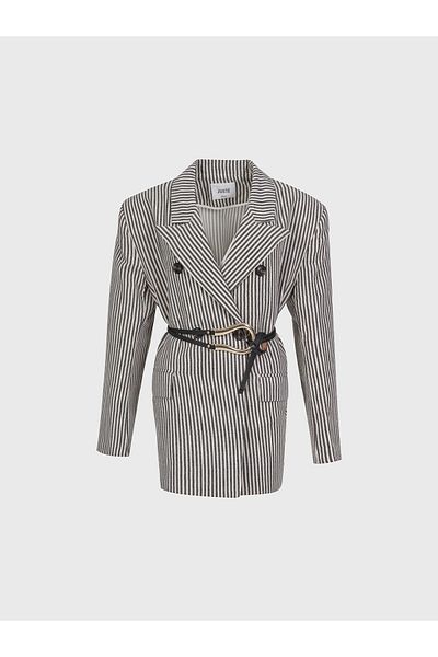 Juste Studio Striped Cotton Belted Double Breasted Jacket