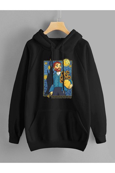 DEEPSENCE Unisex Black Hooded Sweatshirt Van Gogh Front Printed cotton