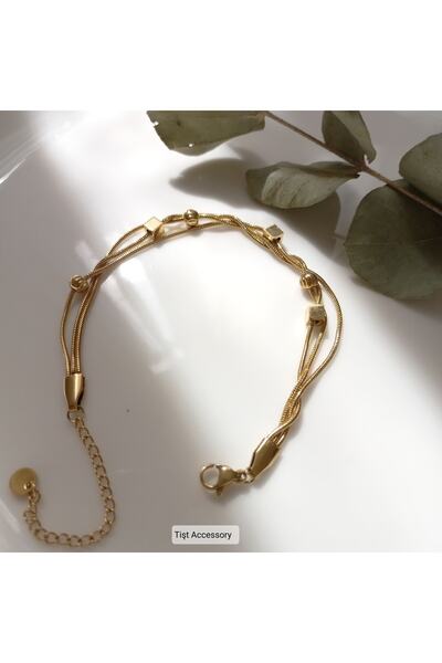 Tişt Accessory Kadın Gold Dorika Küplü 3 Sıralı Künye Çelik Bileklik