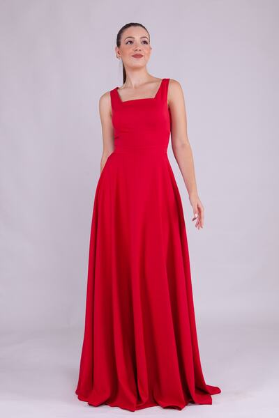 NO48 Kırmızı Kare Yaka Kolsuz Geniş Askılı Dokuma Dökümlü Kumaş Maxi Boy Kloş Abiye Elbise