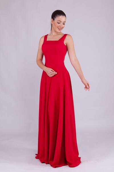 NO48 Kırmızı Kare Yaka Kolsuz Geniş Askılı Dokuma Dökümlü Kumaş Maxi Boy Kloş Abiye Elbise