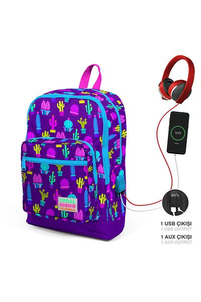 Coral High Kids Purple Pink Cactus Patterned Four Compartment USB School Backpack 23273