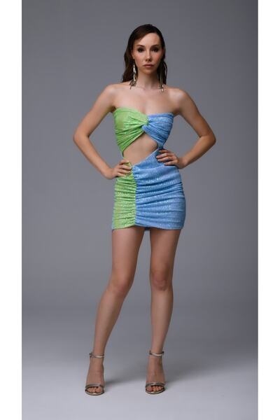 Gira official Mavi Yeşil Cut Out Detaylı Straplez Elbise