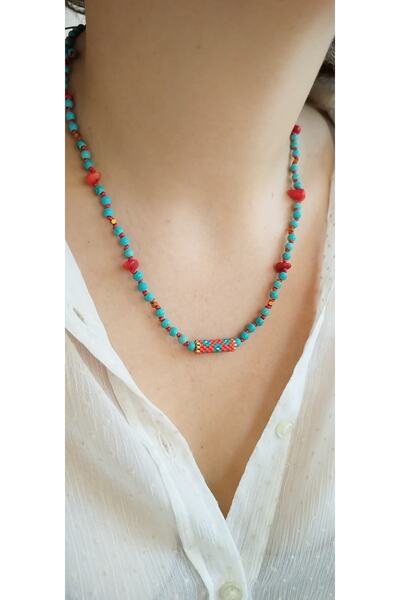 Bella Sera Studio Turkuaz ve Mercan Taşlı Miyuki Örme Aksesuarlı Ayarlanabili...