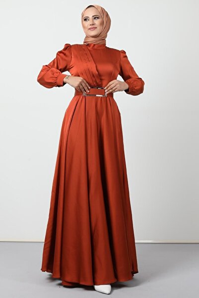 Giza Giyim Brick Color Pleated Hijab Evening Dress