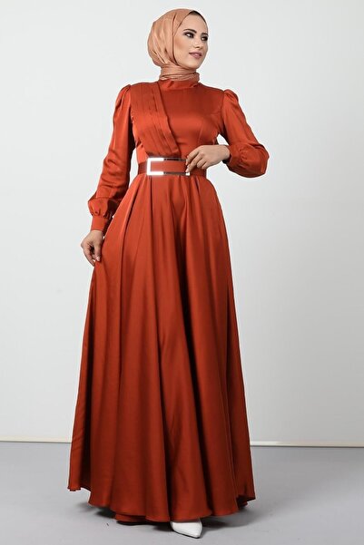 Giza Giyim Brick Color Pleated Hijab Evening Dress