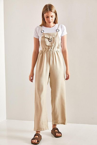 HARMONY GLOBAL Kangaroo Pocket Detailed Waist Elastic Adjustable Strap Linen Salopette Jumpsuit Cream