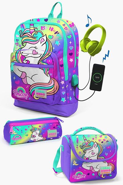 Coral High Lavanda Aqua Green Unicorn Model - Geantă de școală din 3 piese cu USB
