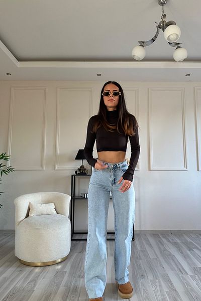 MAKRAS EXCLUSIVE Lisa 90's Snow Wash Blue Lycra Super vysoký pas Volné džíny Palazzo kalhoty