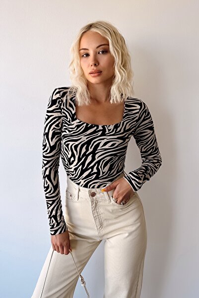LACHT Bluză de damă din viscoză, cu mânecă lungă, cu model zebră, cu gât pătrat