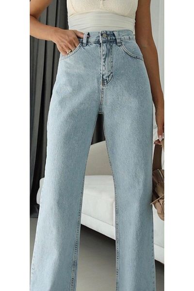 Trn JNS Mery 90's Ice Blue Snow Wash Blue Lycra Pantaloni largi Palazzo cu talie foarte înaltă