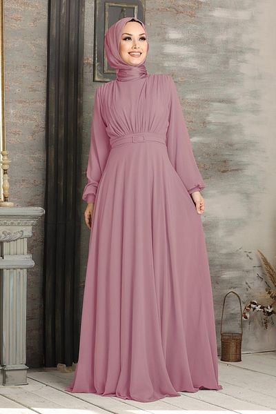Neva Style Βραδινό φόρεμα με ζώνη σε πούδρα - 5422pd
