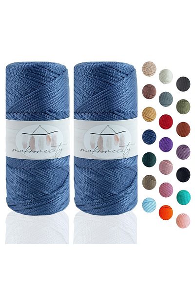 Makromecity Premium 200 Gr 230m Polyester Macrame Rope Denim Blue 2mm Supla Rope και νήμα τσάντας (2x100 γραμμάρια)