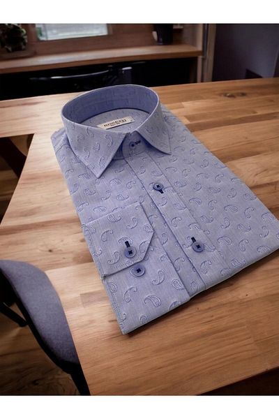 ROSETTİ Rosetti Hidden Collar Buttoned 100% Cotton Shawl Pattern Slim Fit Light Blue Shirt