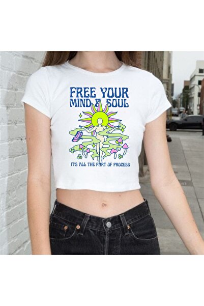 Touz LAGOM MODA Eliberează-ți mintea și sufletul Crop alb imprimat