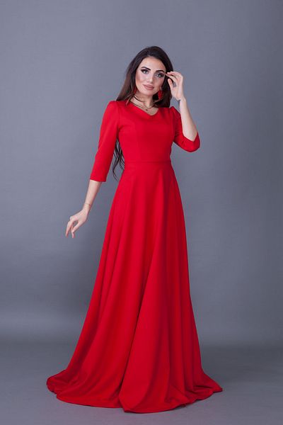 NO48 Red V-Neck 3/4 Sleeve Woven Draped Fabric Maxi Length Flared Evening Dress
