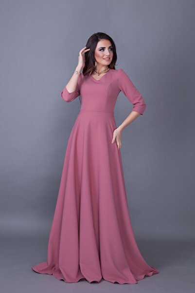 NO48 Βραδινό φόρεμα με φουσκωτό ύφασμα Dusty Rose με λαιμόκοψη 3/4 με υφαντό ύφασμα