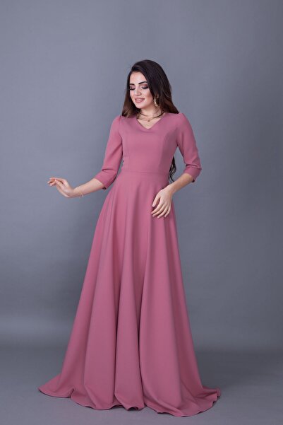 NO48 Βραδινό φόρεμα με φουσκωτό ύφασμα Dusty Rose με λαιμόκοψη 3/4 με υφαντό ύφασμα